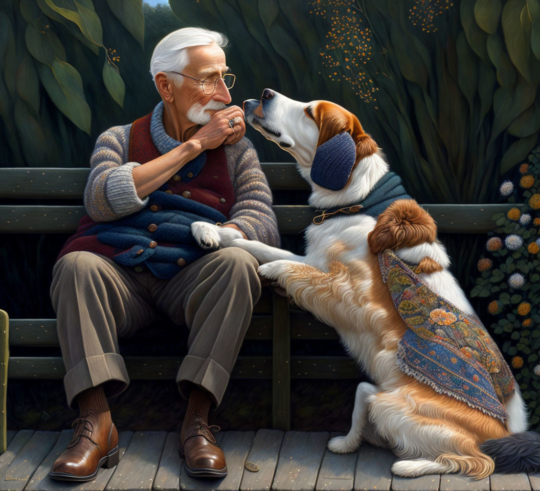 Elderly Man Playing Harmonica with Attentive Dog on Bench