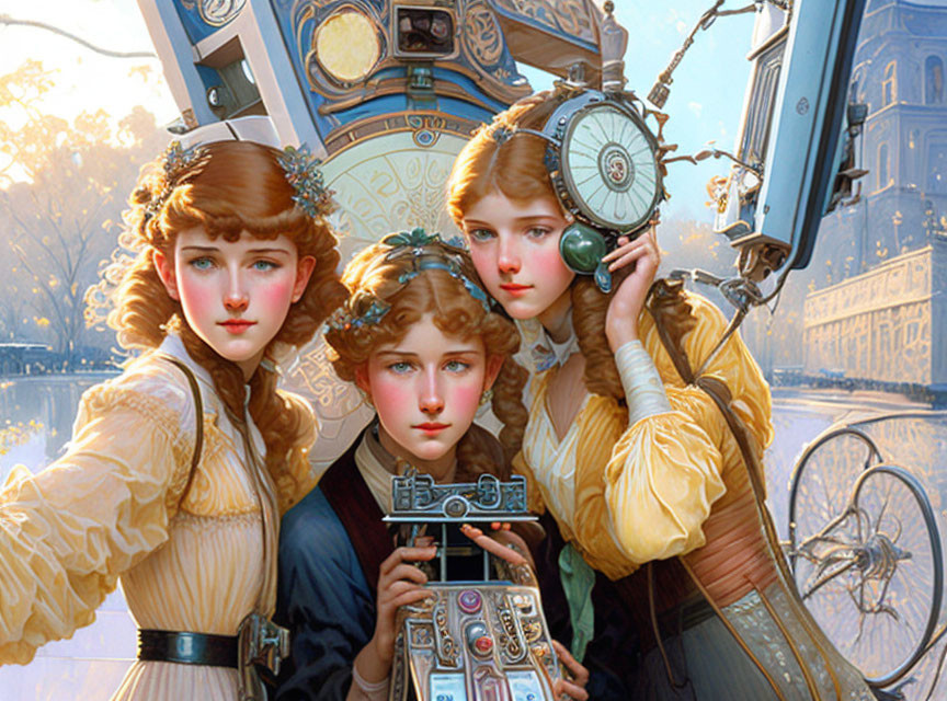 Three women in vintage attire with steampunk accessories posing in front of ornate clockwork structure with