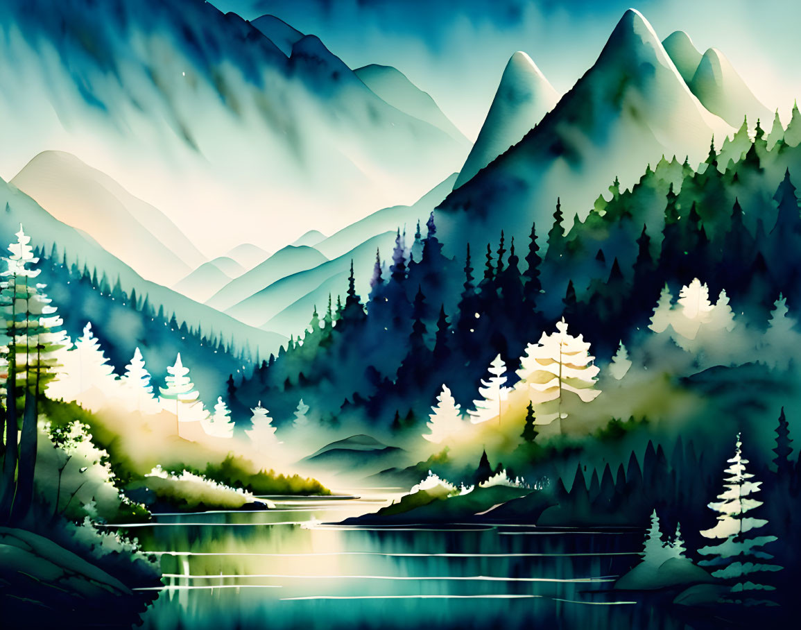 Misty mountain landscape with pine forests and river