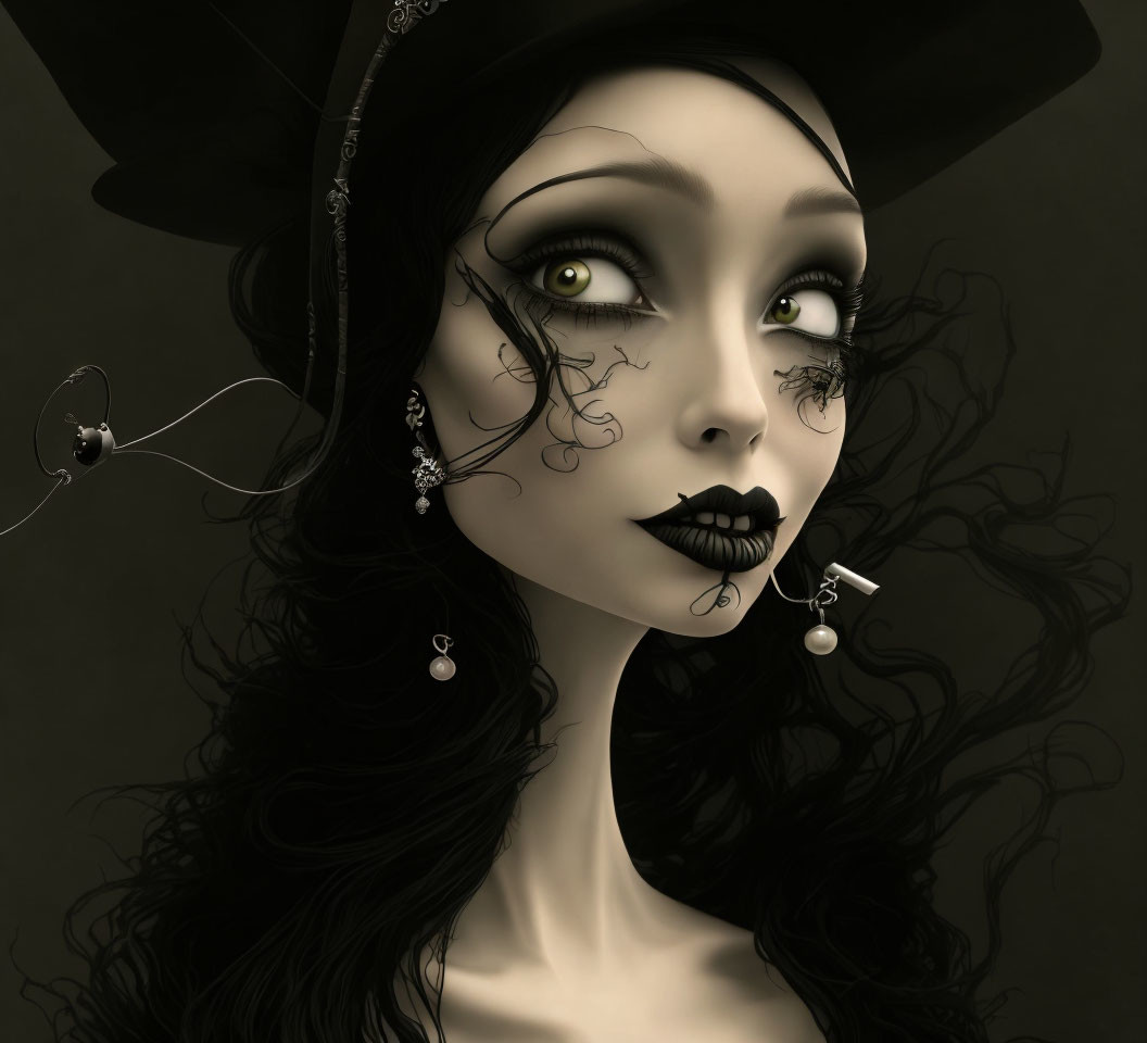 Monochrome digital artwork of gothic female character with stylized hat, ornate earrings, and facial