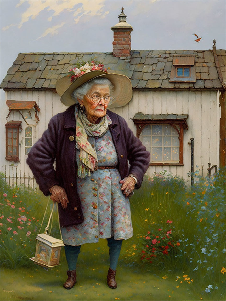 Elderly woman in floral dress and purple coat by cottage with flowers.