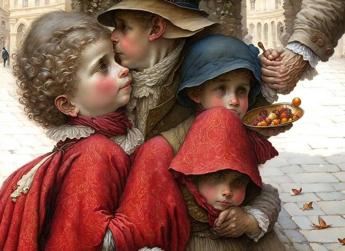 Vintage clothing children huddle with red hoods, one whispers, elderly hand offers berries