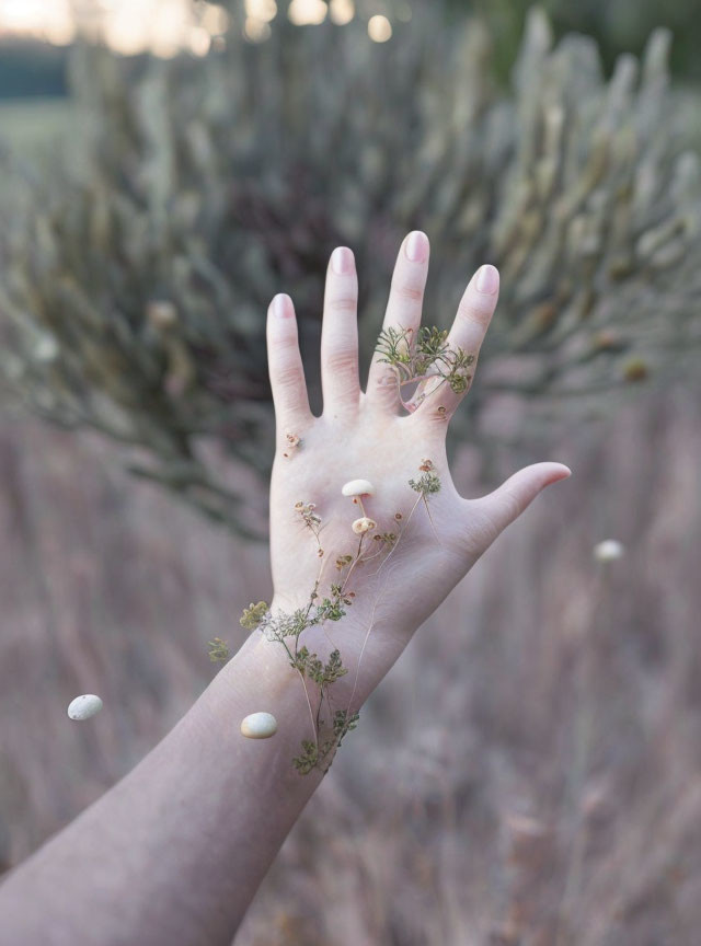 Hand with Flowers and Mushrooms in Nature Scene