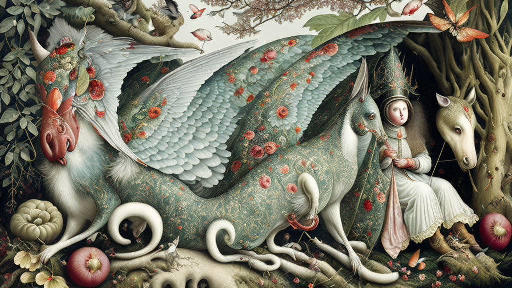 Winged creature and crowned child in whimsical art with floral and fantasy elements