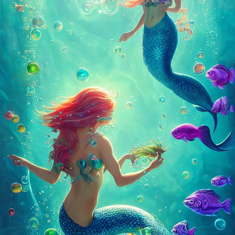 Colorful underwater scene with red-haired mermaid and purple-scaled mermaid among fish and bubbles in