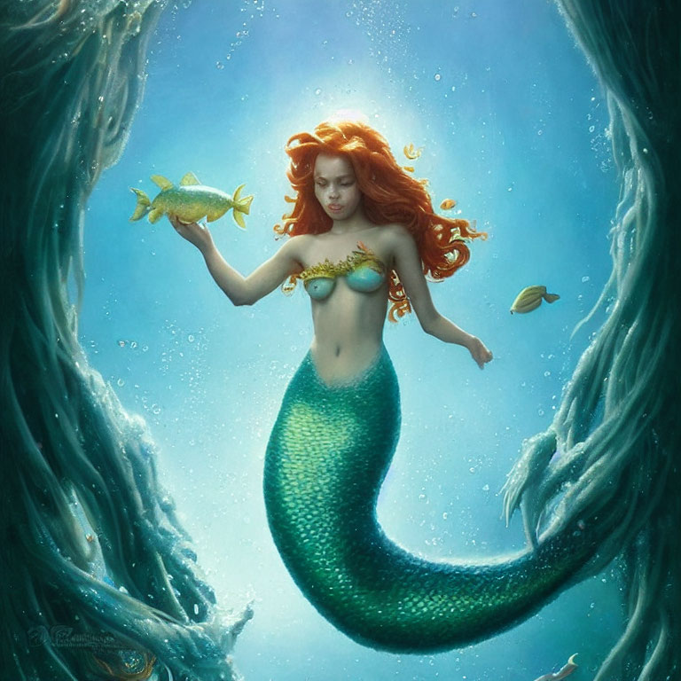 Mermaid with Long Red Hair and Green Tail Underwater Surrounded by Fish and Seaweed Holding