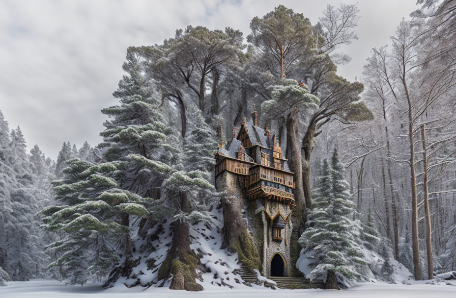 Snow-covered forest treehouse surrounded by pine trees