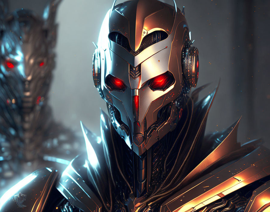 Detailed Futuristic Robot with Metallic Silver Helmet and Red Glowing Eyes