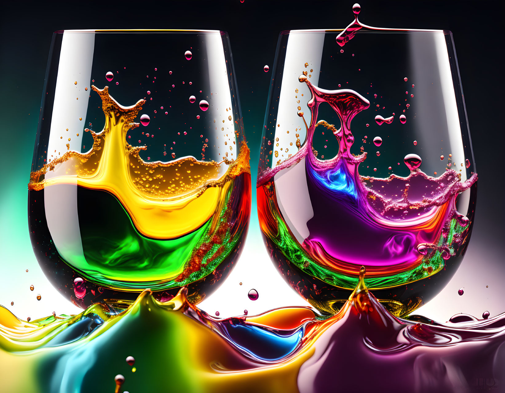 Colorful liquid splashing in wine glasses on dark background