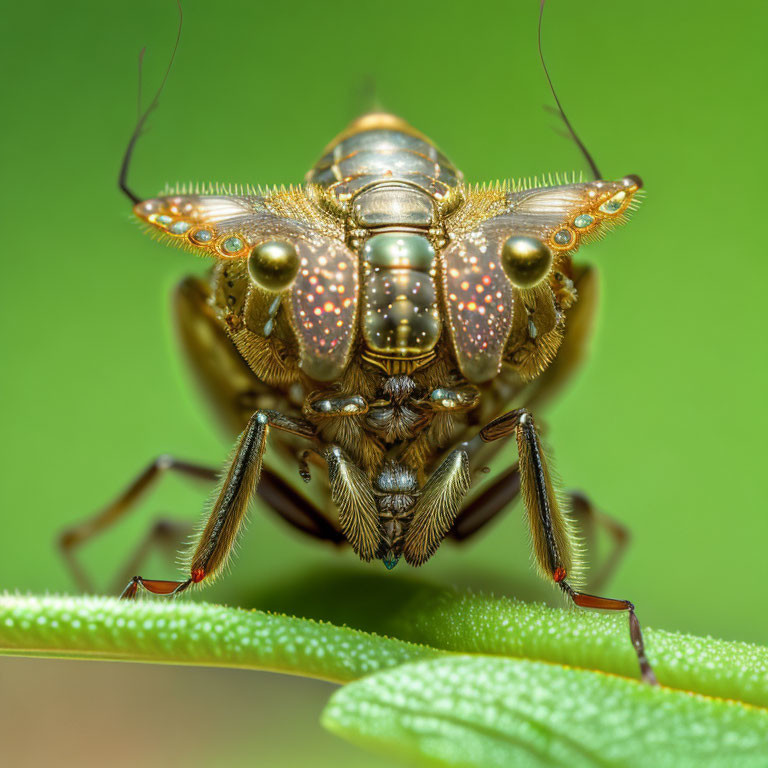 Detailed close-up of fly with intricate wing patterns on green leaf