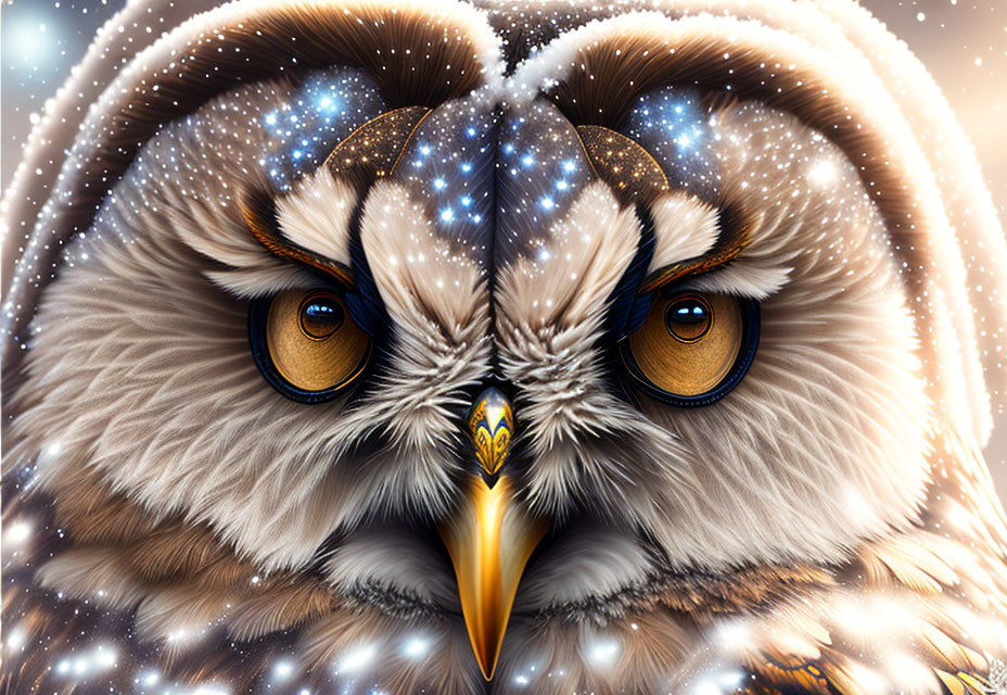 Cosmic owl with mystical star patterns in plumage