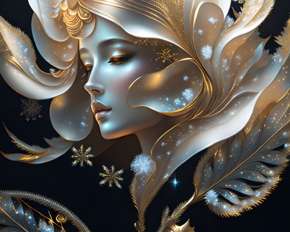 Woman's face with golden leaves and snowflakes in serene winter theme