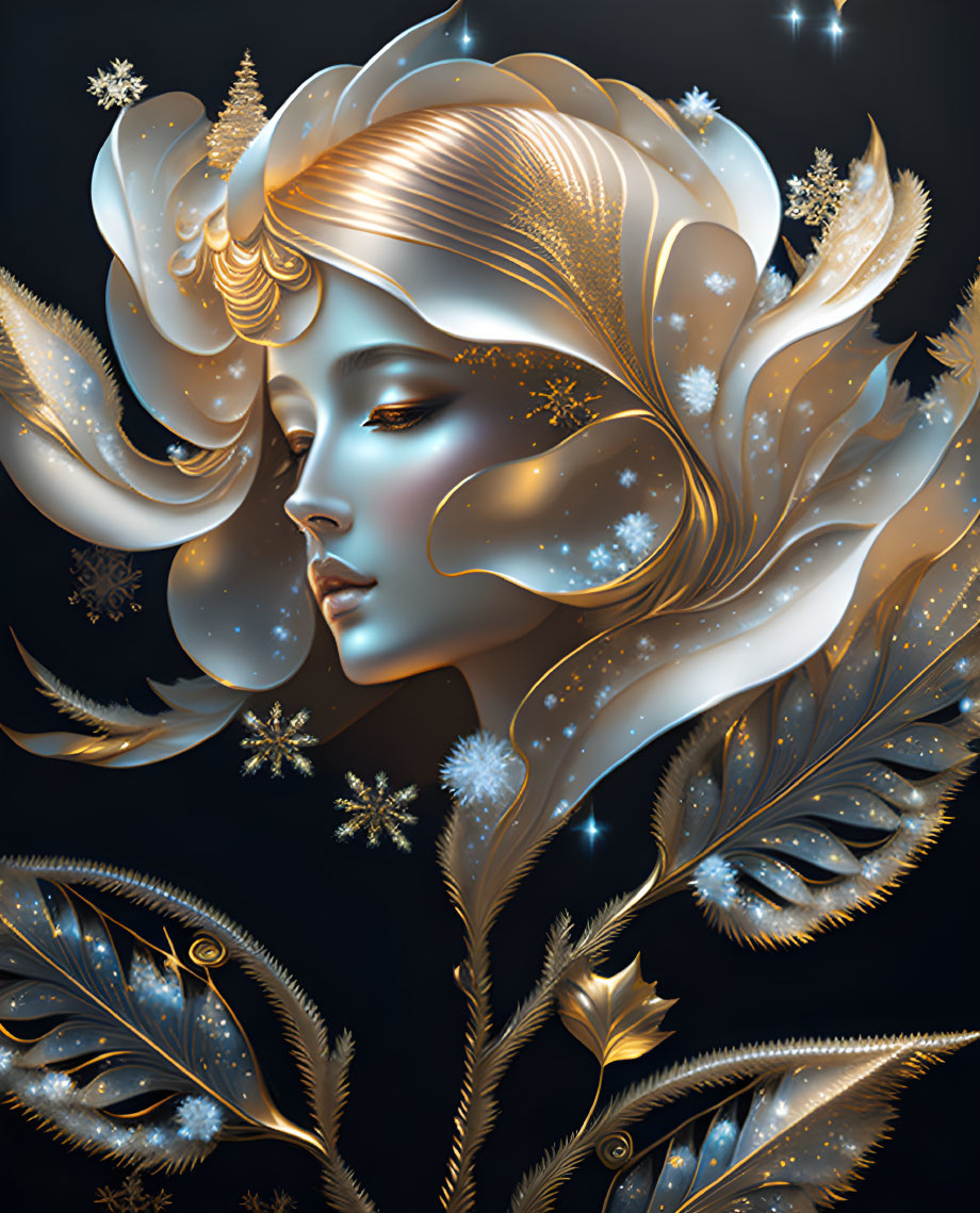 Woman's face with golden leaves and snowflakes in serene winter theme