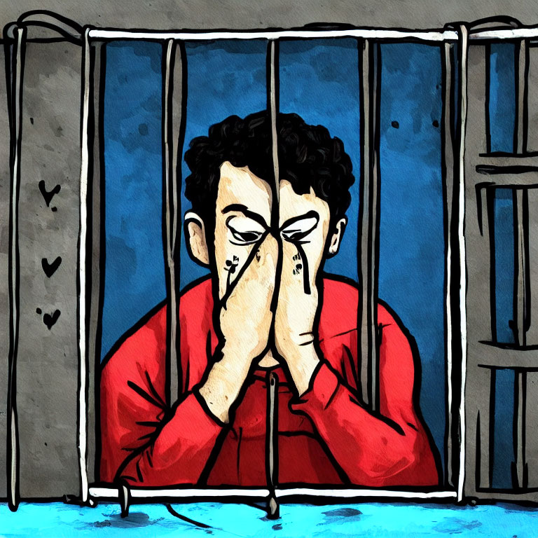 Illustration of distressed person behind bars with hands covering face