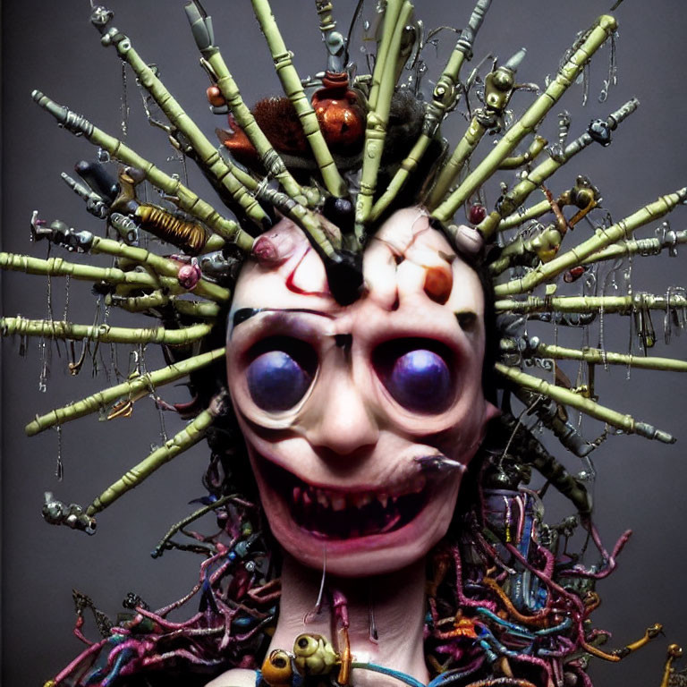 Bulging-eyed puppet figure with sticks and colorful strands