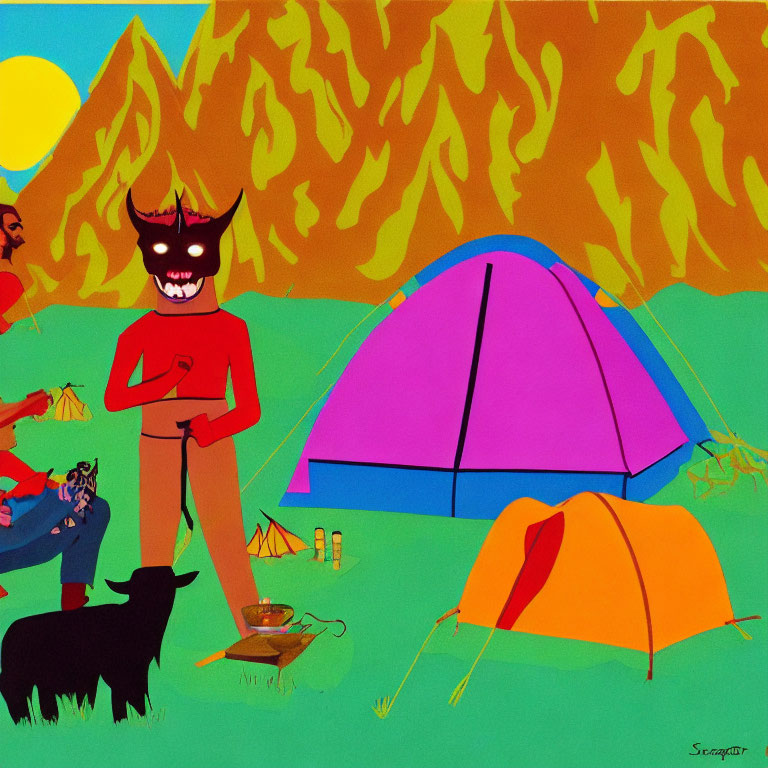 Vibrant camping scene with devilish figure and forest fire