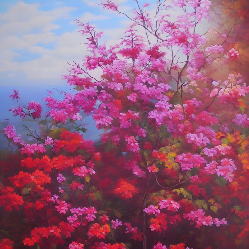 Vibrant Pink and Red Flowering Tree Against Blue Sky and Clouds