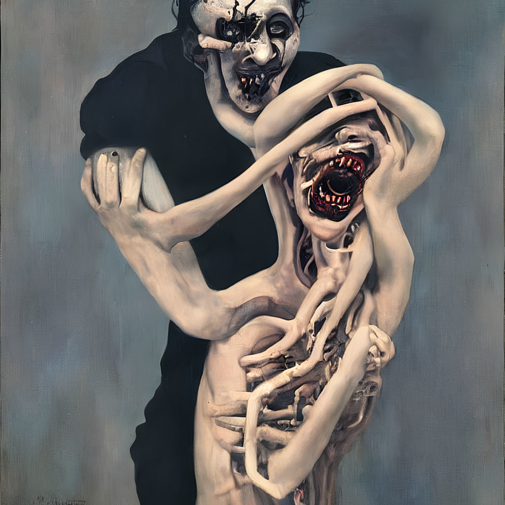 Eerie painting of humanoid figures in grim embrace