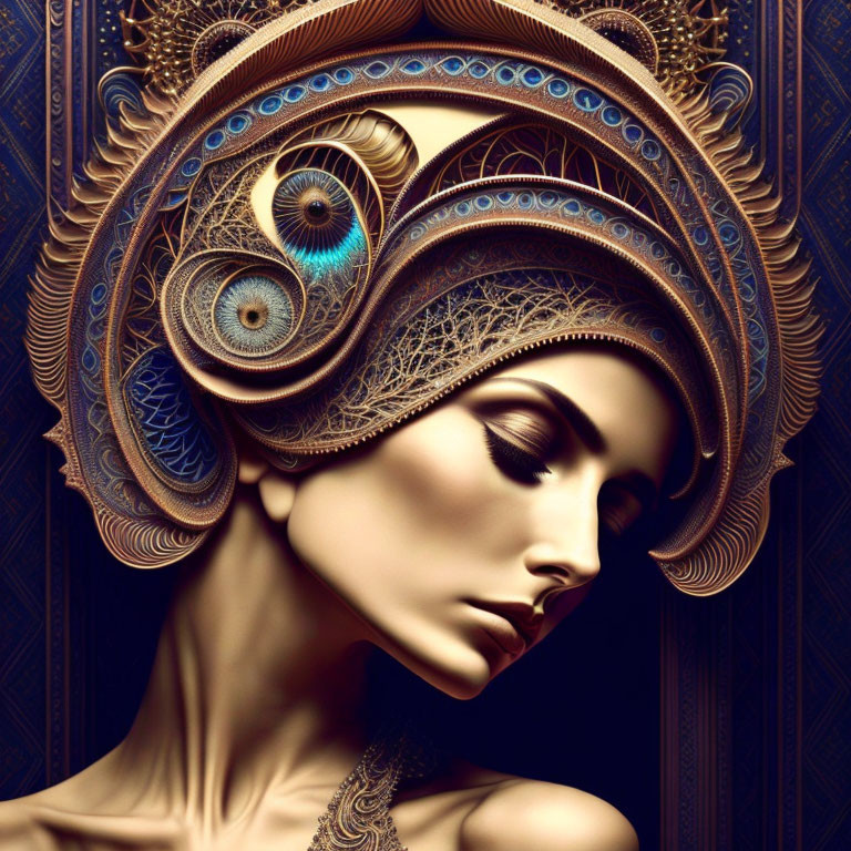 Detailed digital artwork of female with ornate bronze headdress