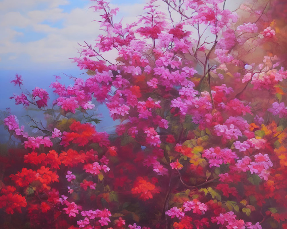 Vibrant Pink and Red Flowering Tree Against Blue Sky and Clouds