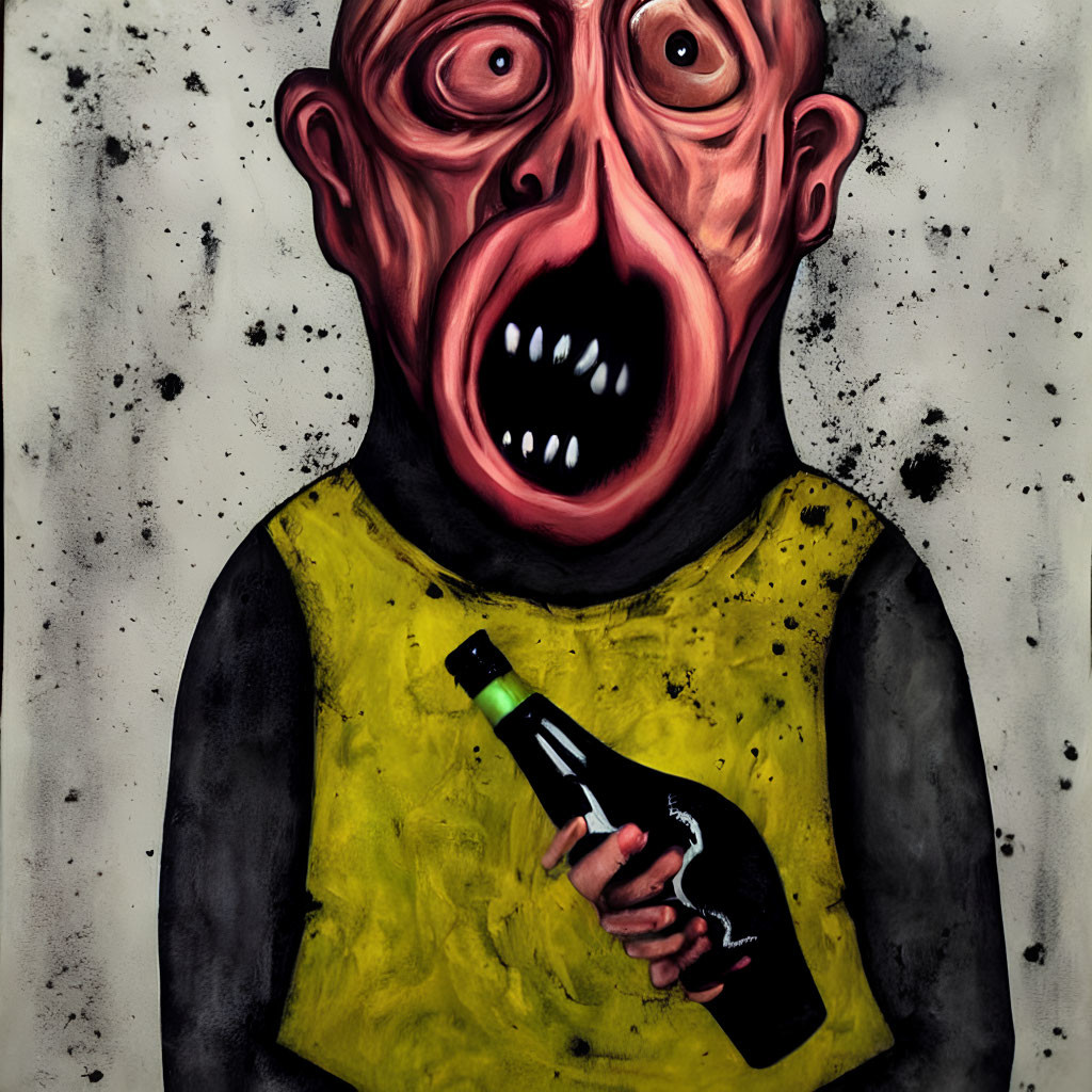 Surreal painting: exaggerated figure with gaping mouth and bulbous eyes holding a bottle on black and