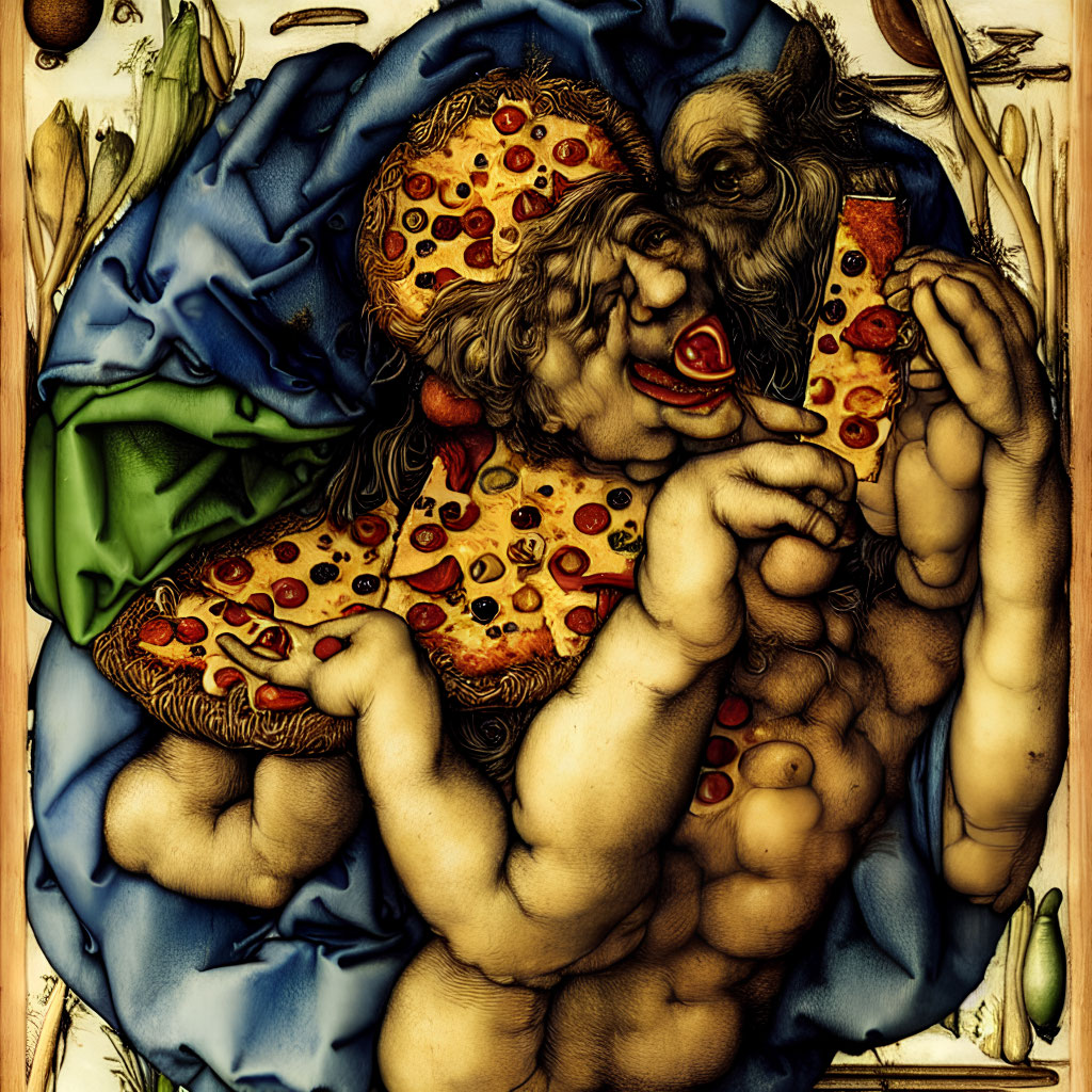 Whimsical creature with multiple arms holding pepperoni pizza slices in a fantasy setting