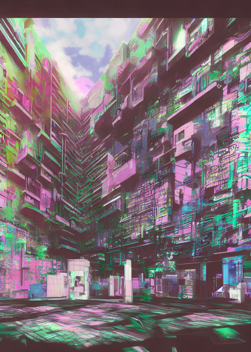 Futuristic cyberpunk cityscape with neon signs & towering buildings