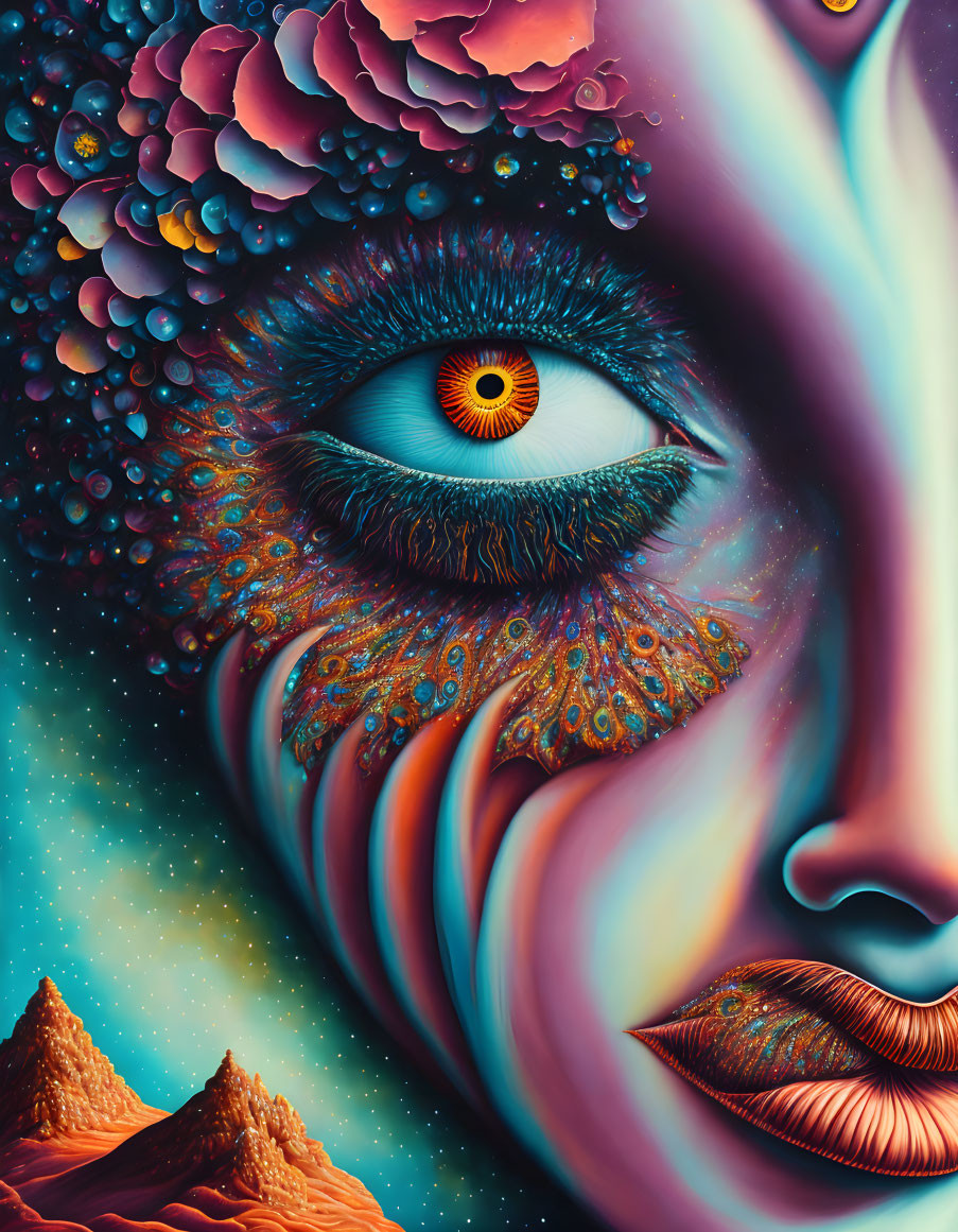 Surreal portrait with vivid blue eye, fractal patterns, and cosmic backdrop