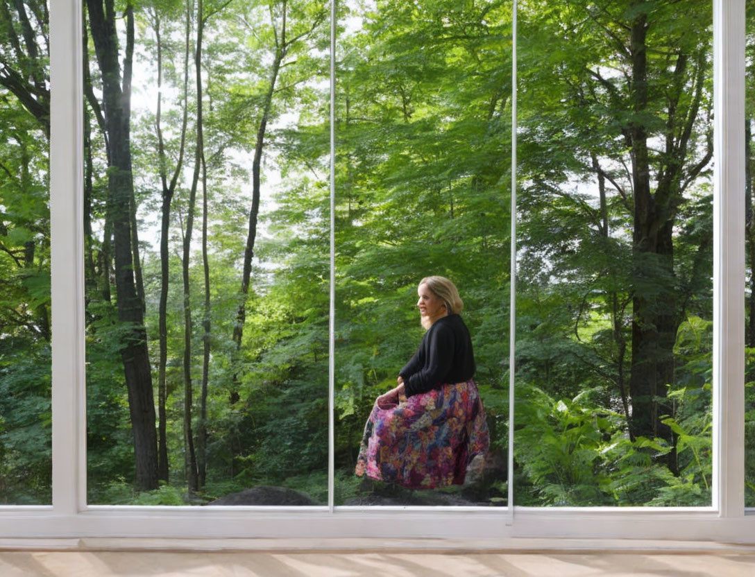 Woman sitting by large windows overlooking lush green forest