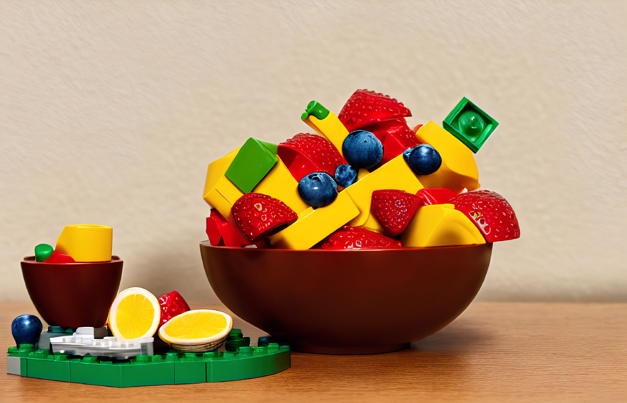 Colorful Lego Bricks with Fruits on Beige Background