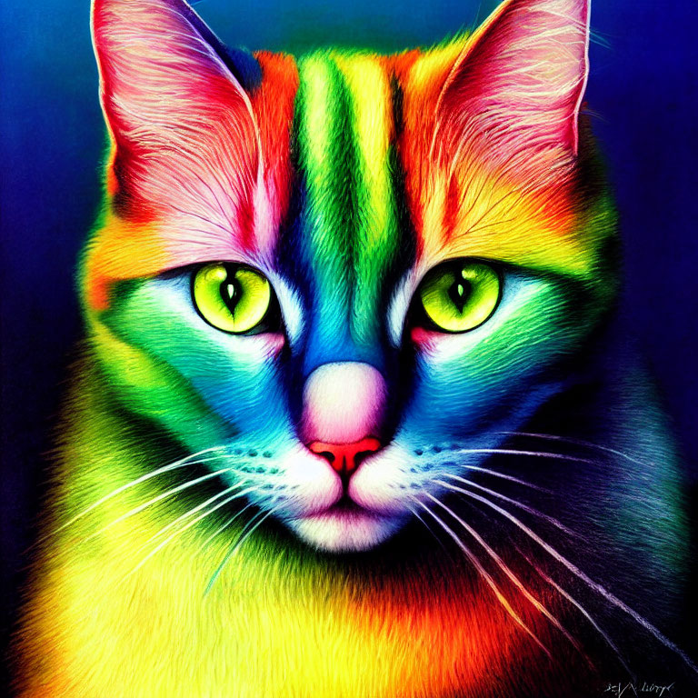 Colorful Cat Portrait with Rainbow Fur Pattern and Green Eyes