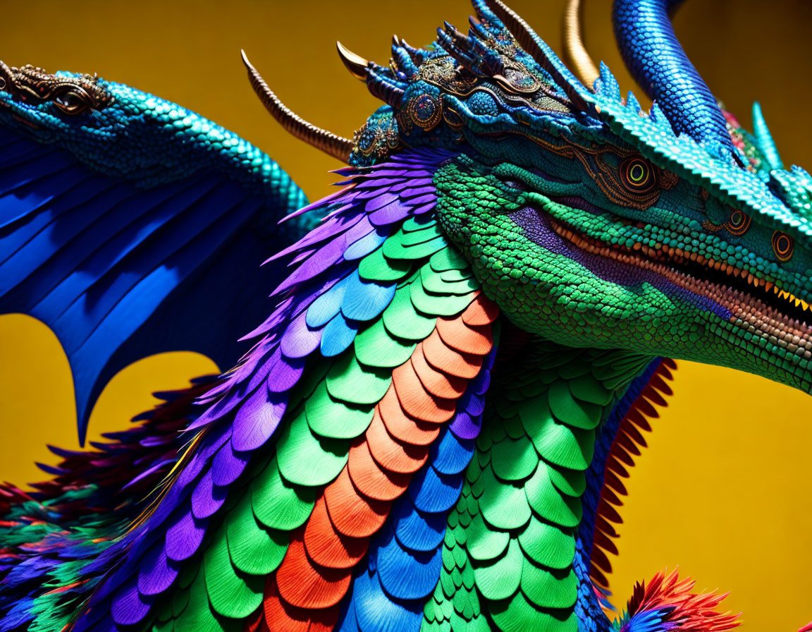 Colorful Dragon Sculpture with Blue, Green, and Purple Scales