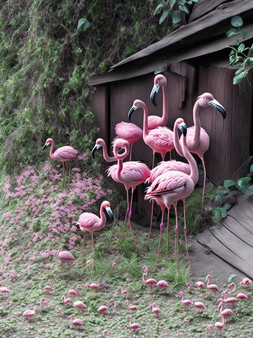 Plastic flamingo lawn ornaments in garden with wooden fence