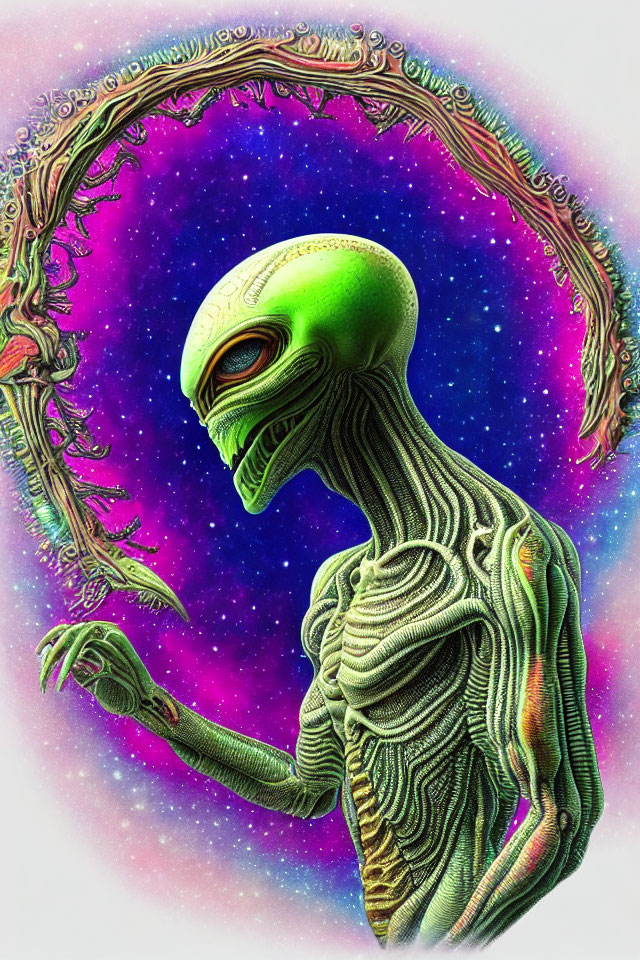 Elongated-eyed alien in cosmic setting with ornate frame