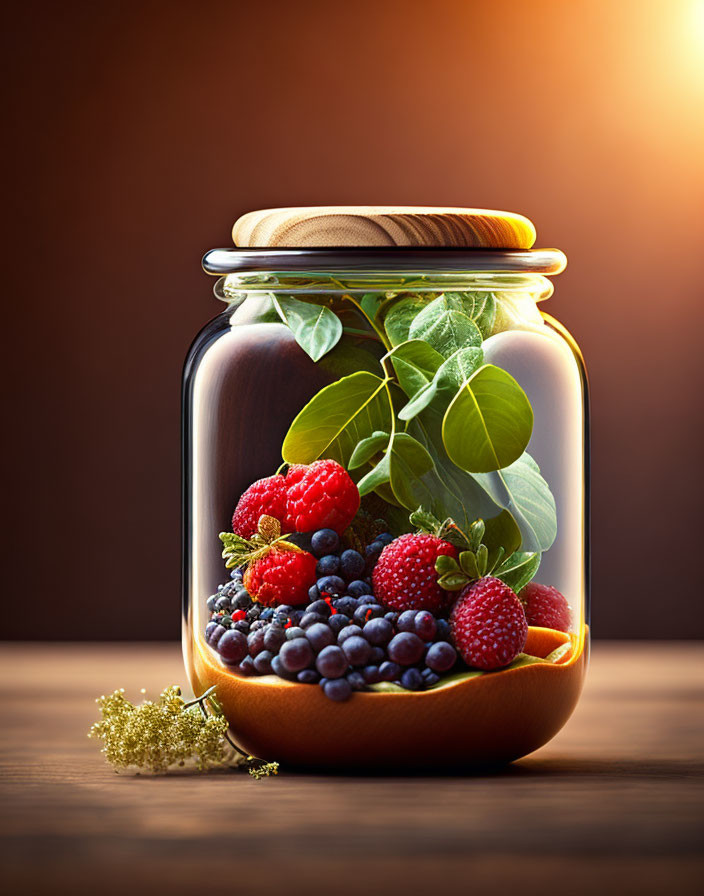 Assorted Berries and Green Leaves in Glass Jar on Wooden Surface