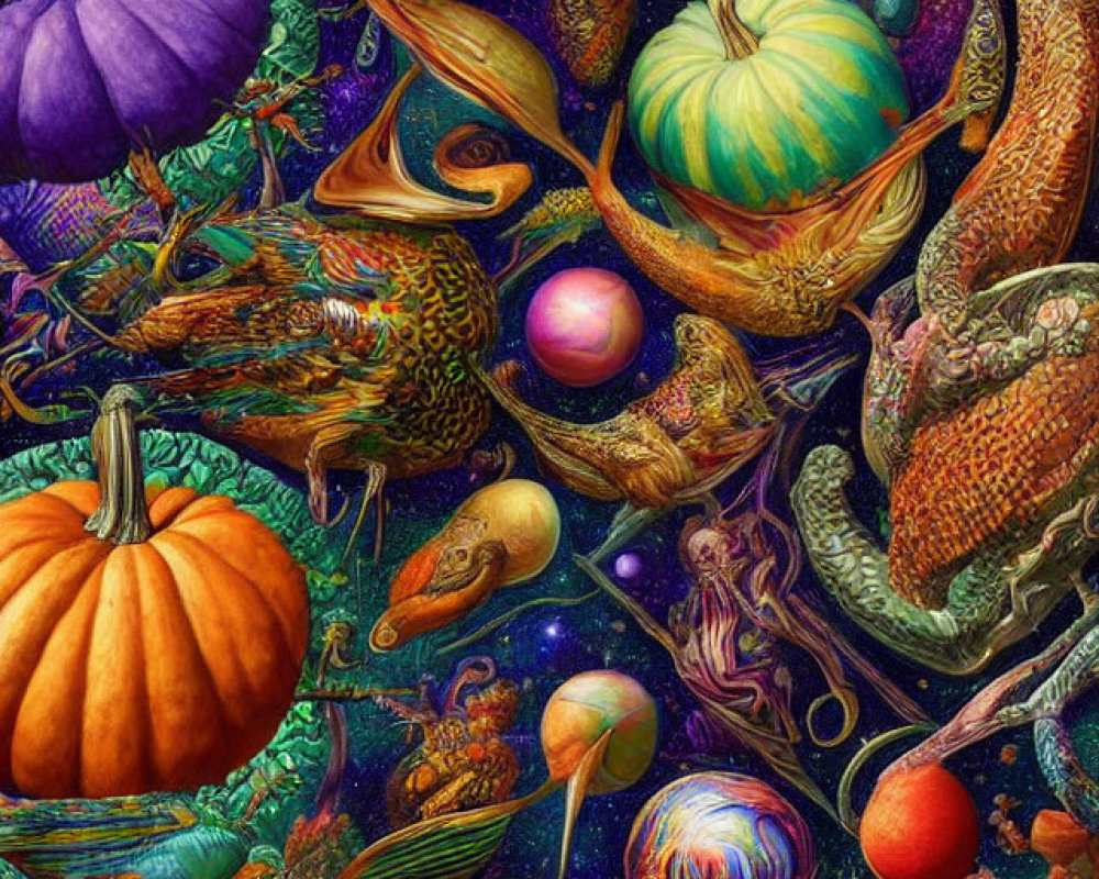 Colorful illustration of vibrant pumpkins, twisting plants, and fantastical creatures in a starry scene