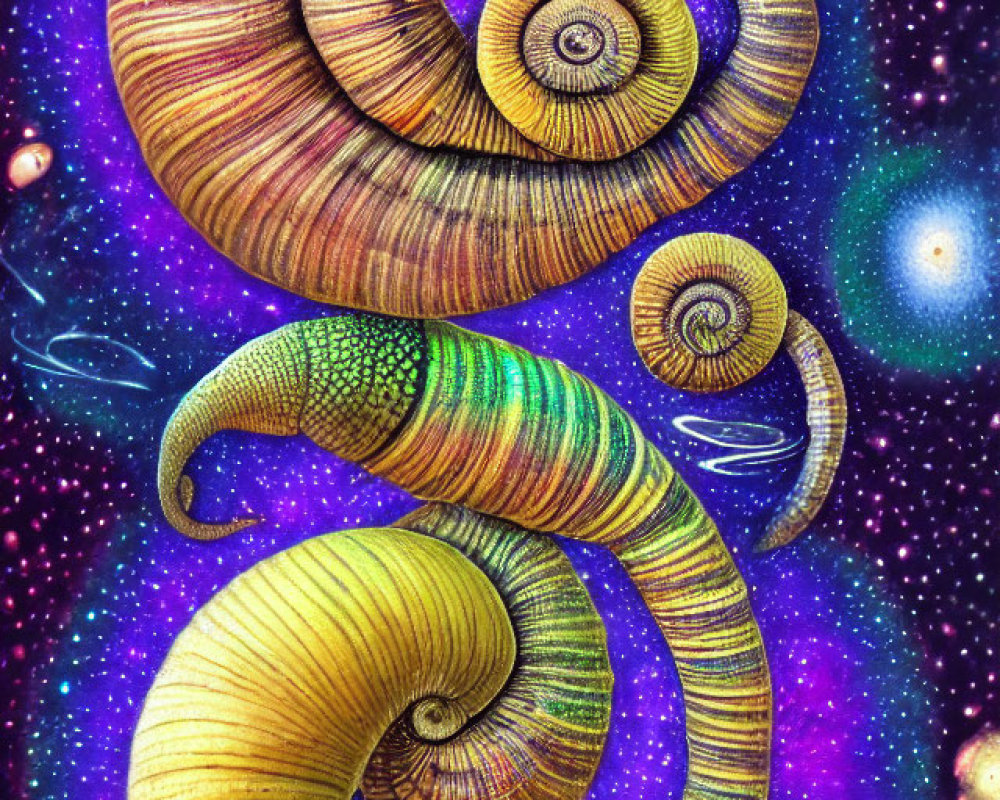 Colorful digital artwork: Spiral snail shell shapes on cosmic background