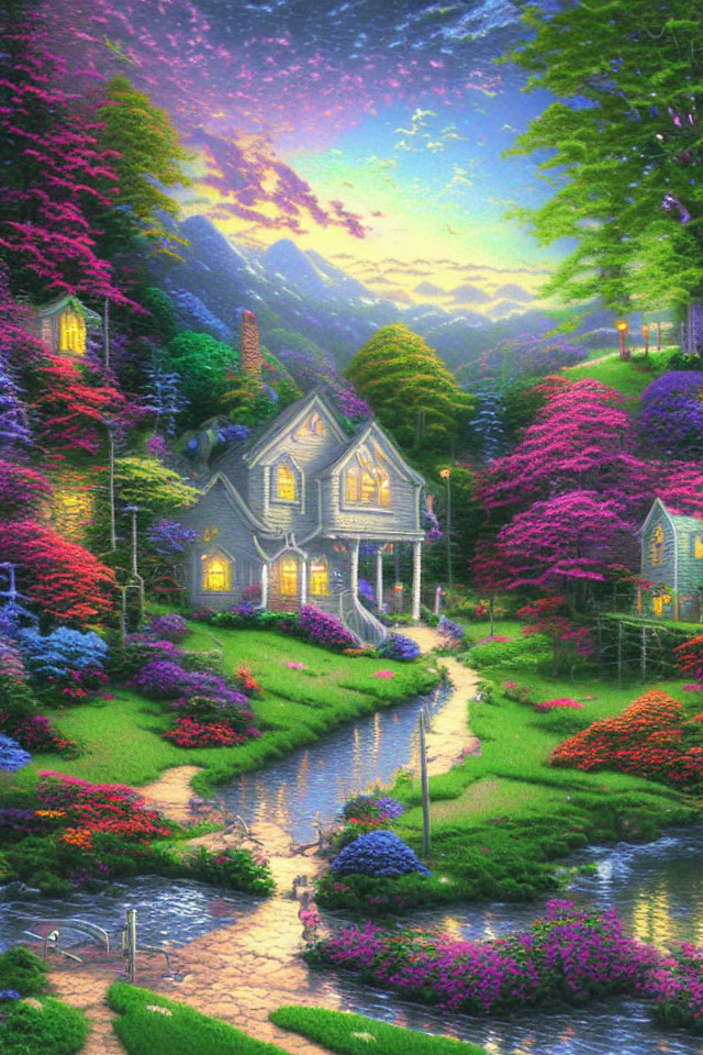 Charming cottage in lush garden with meandering stream at dusk