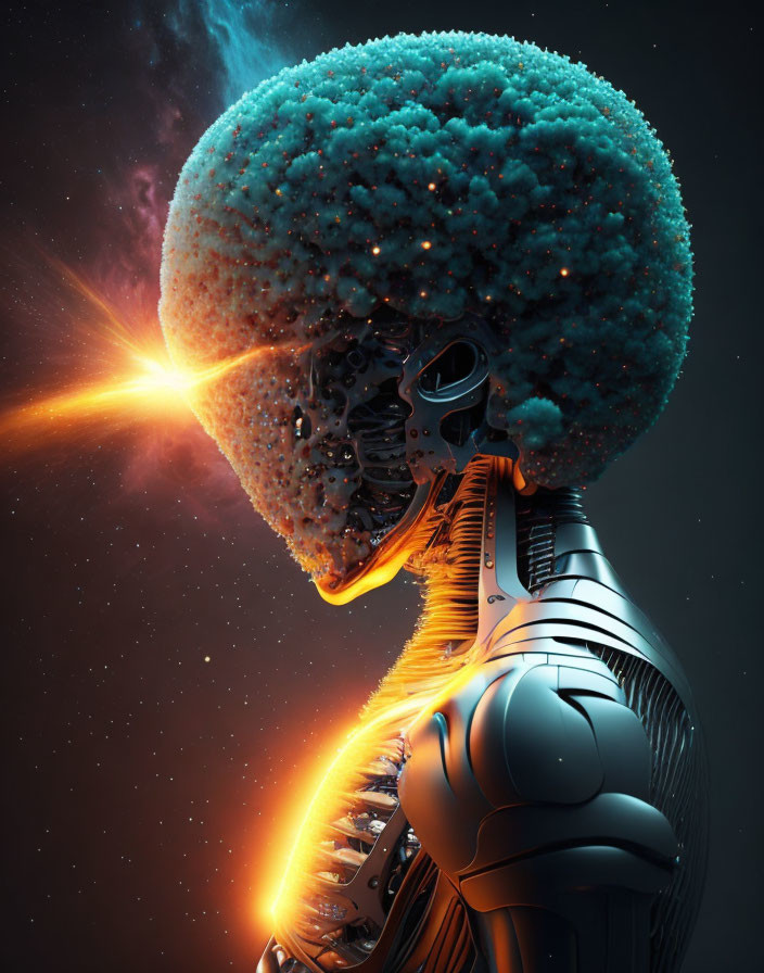 Detailed Futuristic Robot with Porous Spherical Head Staring at Distant Light