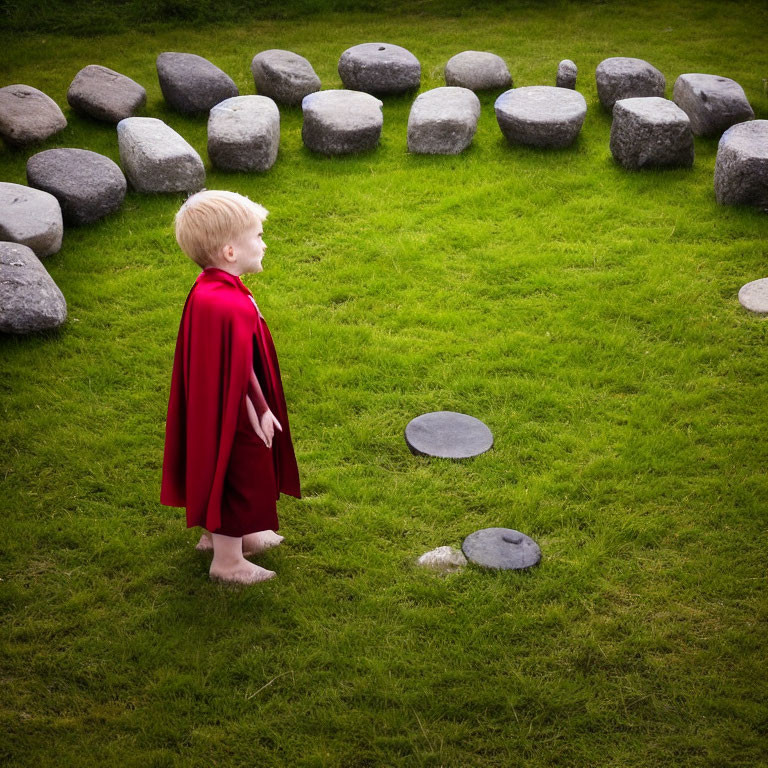 Child in Red Cape Among Circular Gray Stones on Green Lawn