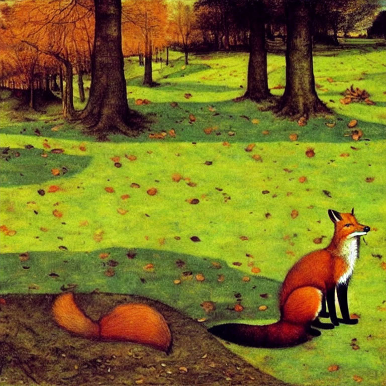 Colorful Fox in Green Forest with Autumn Leaves