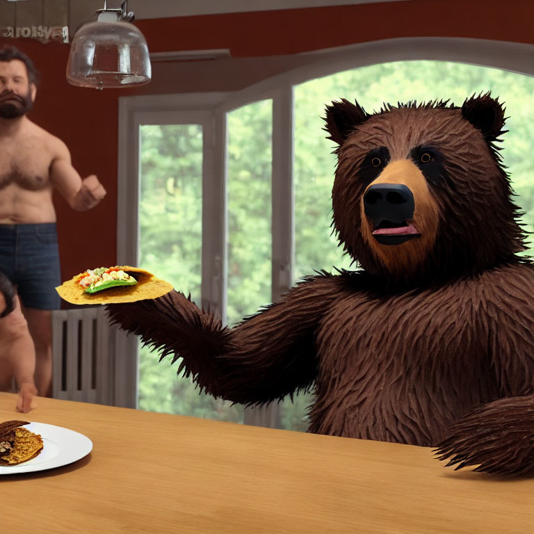 Man in shorts offers pizza to life-sized bear in kitchen