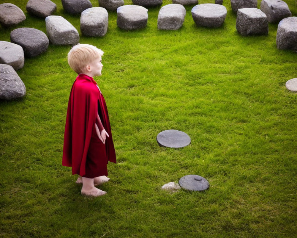 Child in Red Cape Among Circular Gray Stones on Green Lawn