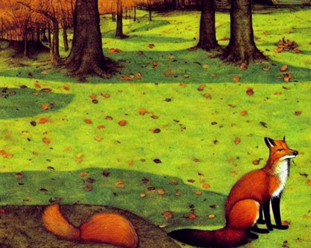 Colorful Fox in Green Forest with Autumn Leaves