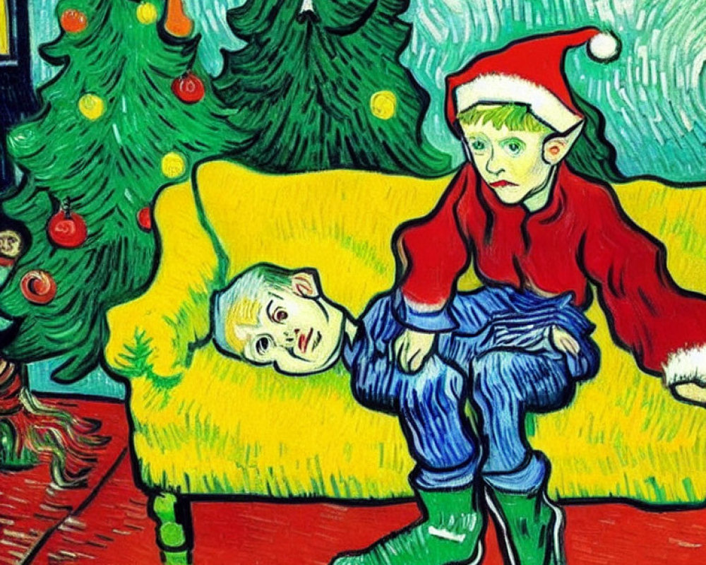 Vividly colored Christmas scene with elf-like figures and Van Gogh-inspired brushwork