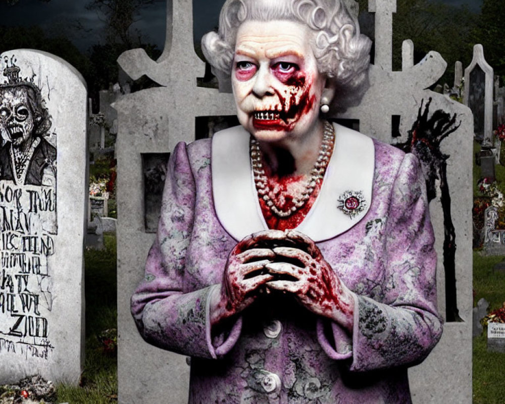 Digital art: Zombie queen in graveyard with tombstones