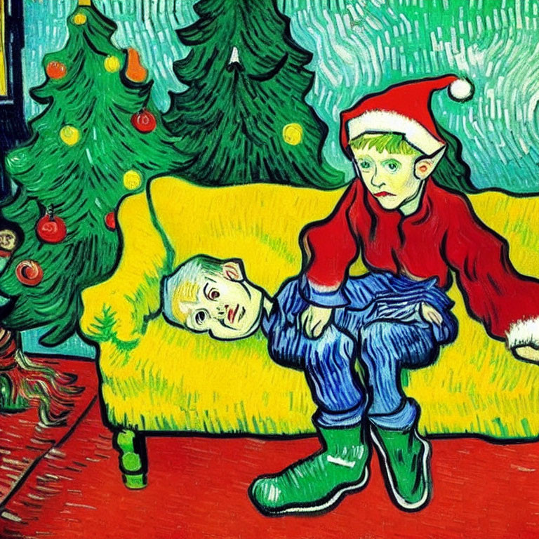 Vividly colored Christmas scene with elf-like figures and Van Gogh-inspired brushwork