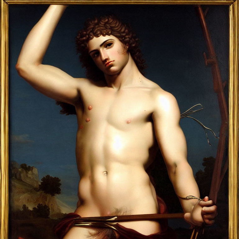 Oil painting of shirtless young man with broken arrow and arrows on his back