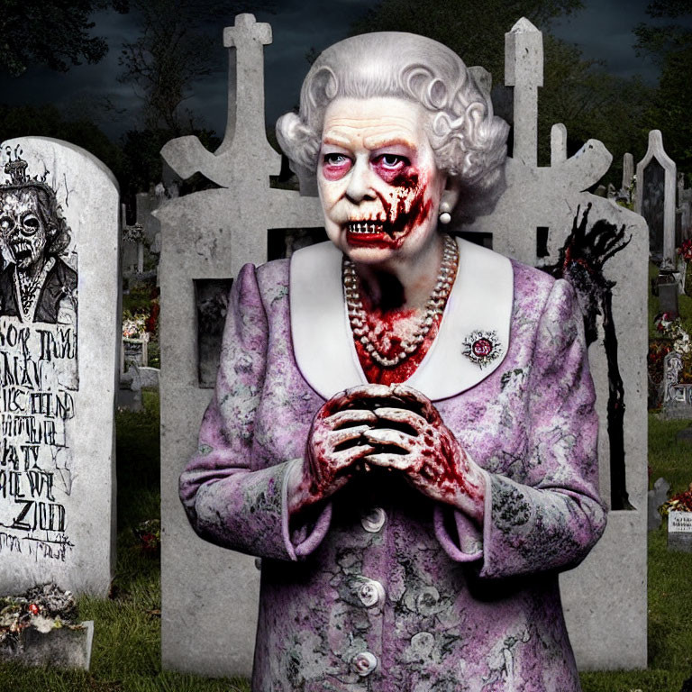 Digital art: Zombie queen in graveyard with tombstones