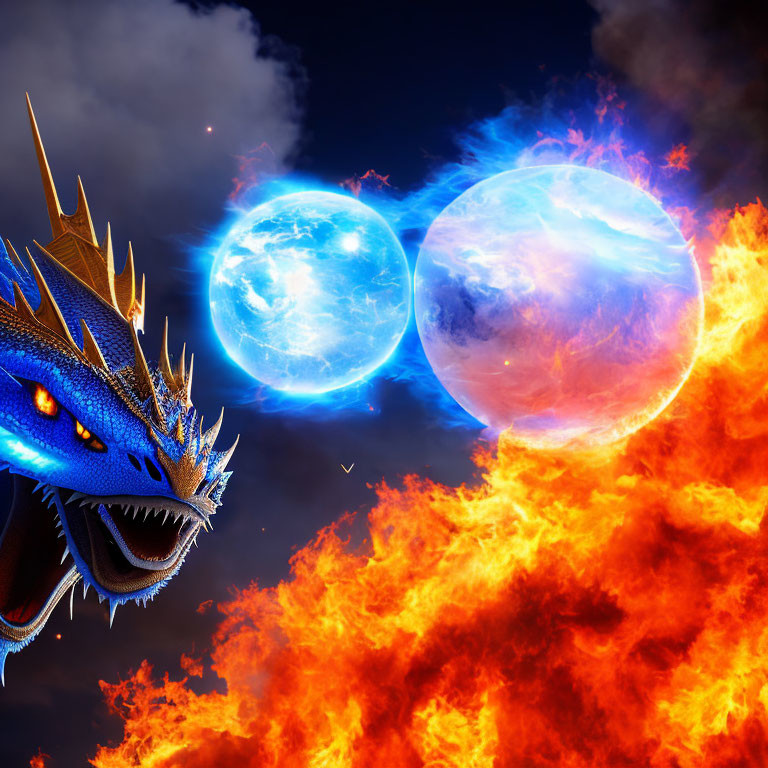 Blue dragon head and celestial spheres clash in fiery and icy scene